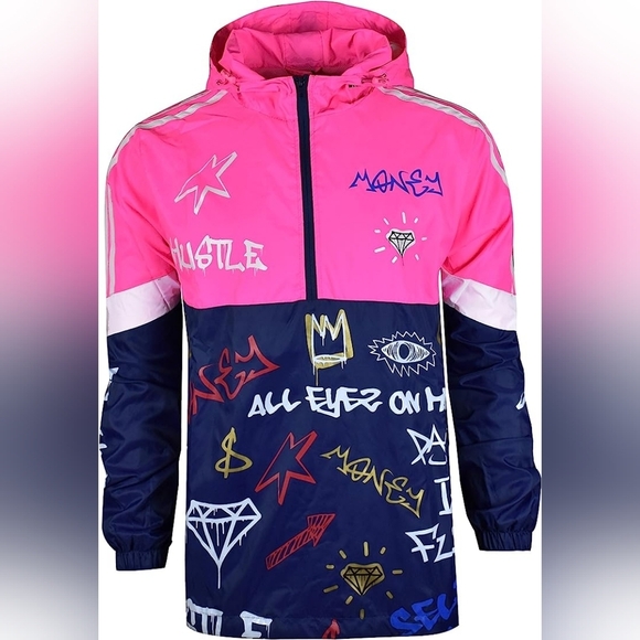 New Men's Graffiti Lightweight Urban Windbreaker Hoodie Multiple Sizes - Picture 4 of 6